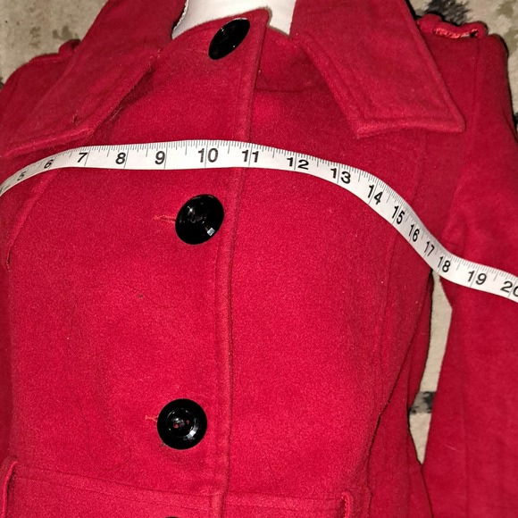 FLIRTY RED Coat Black Fleece Buttons peek-a-boo button up neck Sz SMALL Ladies - Picture 6 of 11